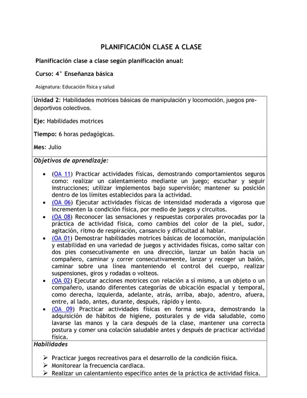 Planificación Clase a Clase: Julio | Educación Física y Salud Cuarto Básico