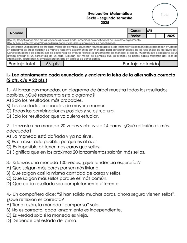 evalaución 6to matemática unidad 4 datos y probabilidad  OA 23 y OA 24.