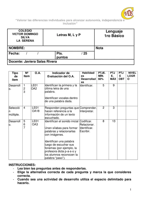 Evaluación Primero Básico Vocales y Letras M, L y P