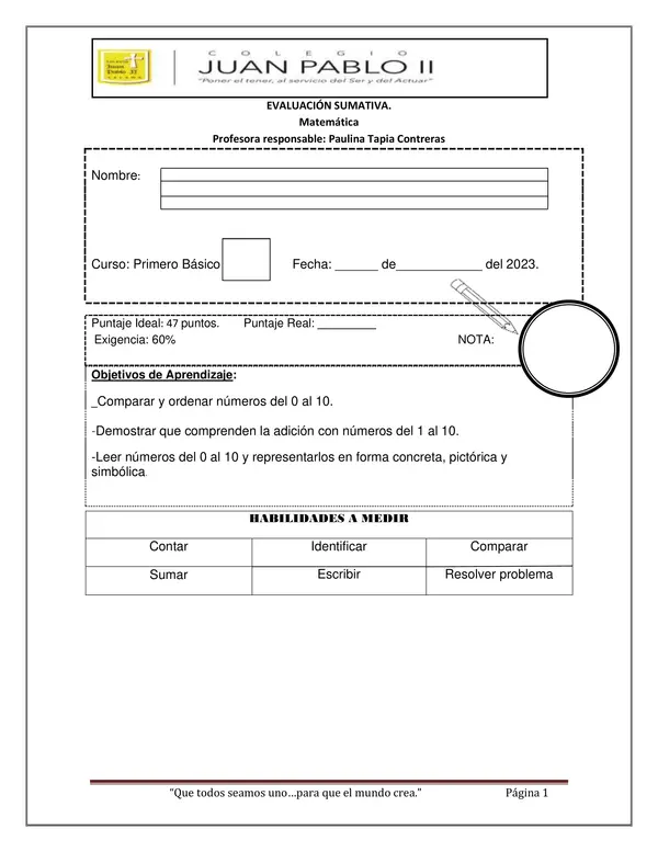 Evaluación números hasta el 10