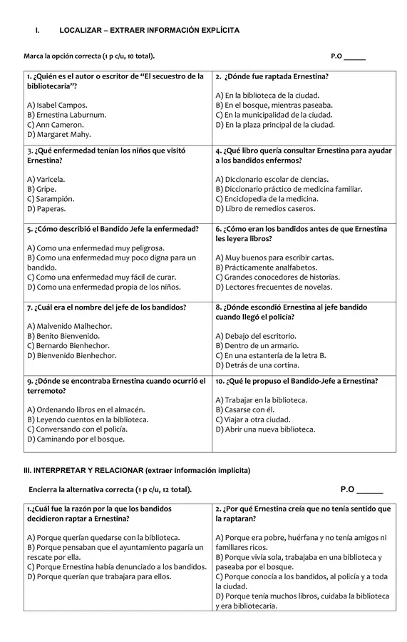 Evaluación lectura complementaria "El secuestro de la bibliotecaria" 2026