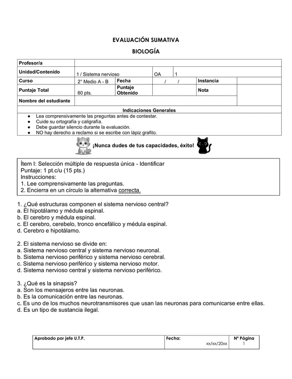 Evaluación Biología 2°Medio Unidad 1 - Sistema nervioso 