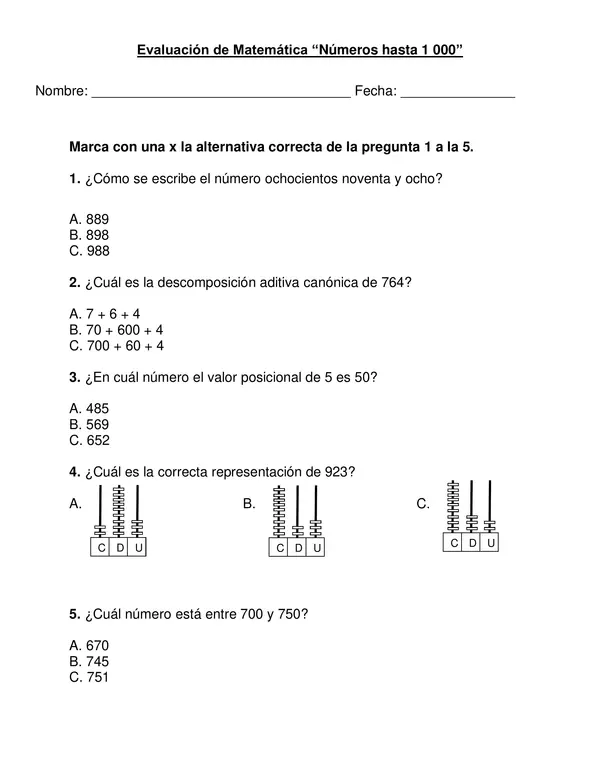 Evaluación "Números hasta 1 000" segundo año básico.