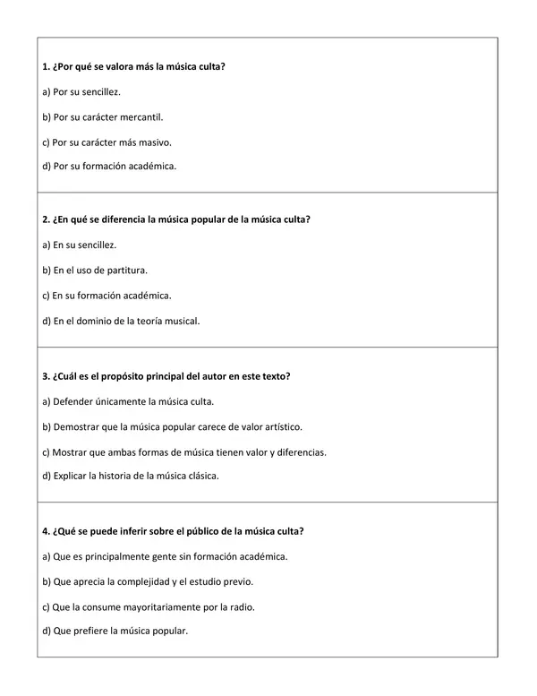 Comprensión lectora: Artículo informativo - Música culta v/s Música popular