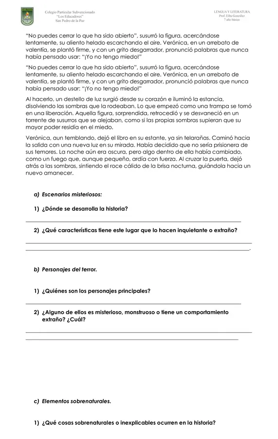 7° PREPARO MI EVALUACIÓN: EL TERROR Y LO EXTRAÑO 