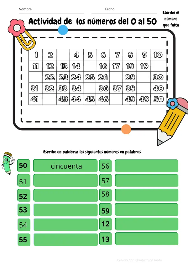 Actividad de matemática de los números del 0 al 59 
