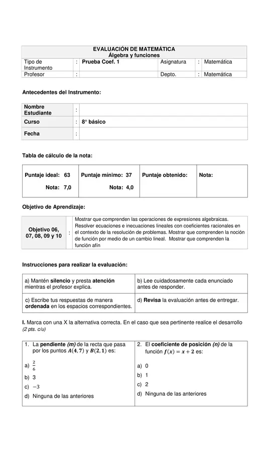 Prueba de álgebra y funciones