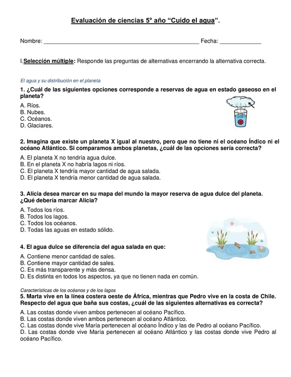 Evaluación de ciencias 5° año "Cuido el agua"