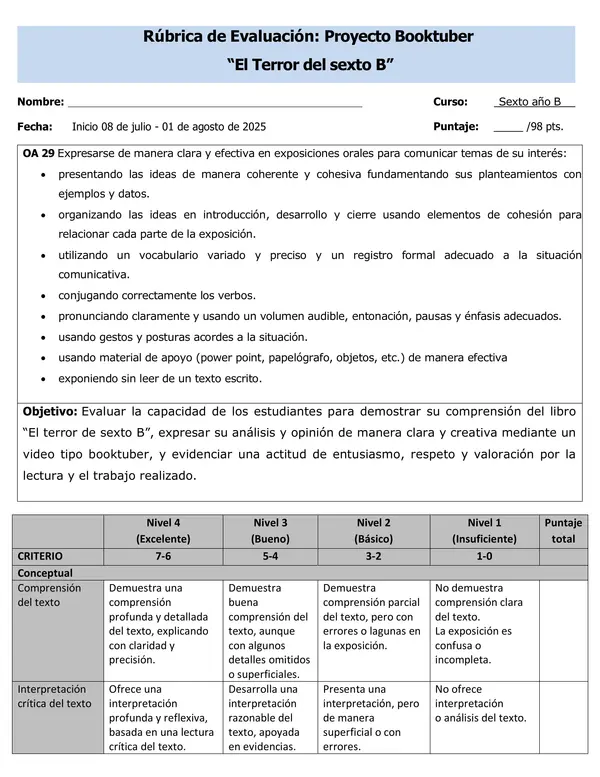 Rúbrica de Evaluación: Proyecto Audiolibro/Booktuber  según Plan Lector “El Terror del sexto B”