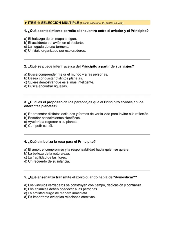 Prueba del libro "El Principito” (ANTOINE DE SAINT-EXUPÉRY)