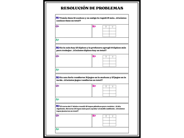 RESOLUCIÓN DE PROBLEMAS CON METODO MORA SUMAS Y RESTA CON 2 DÍGITOS