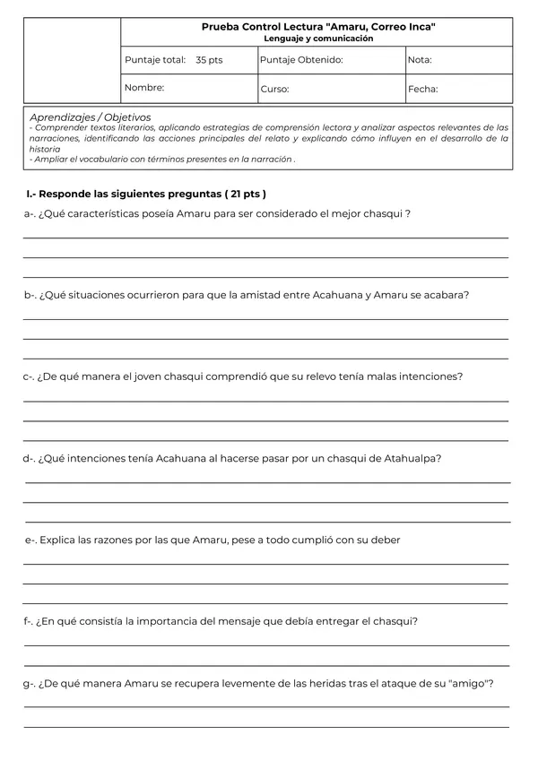 Prueba Control Lectura "Amaru, Correo Inca" 