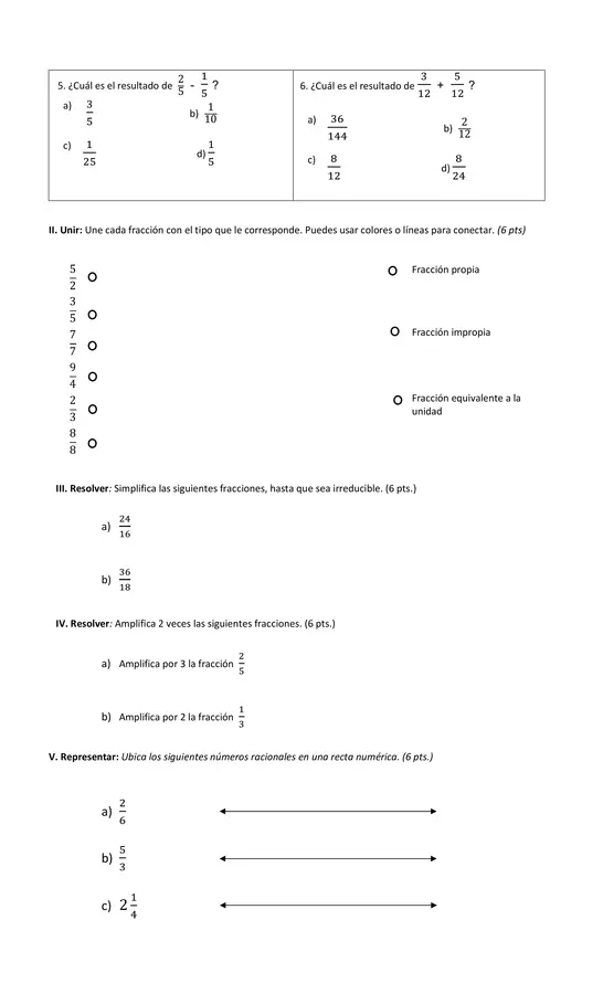 Prueba de fracciones para 6° básico