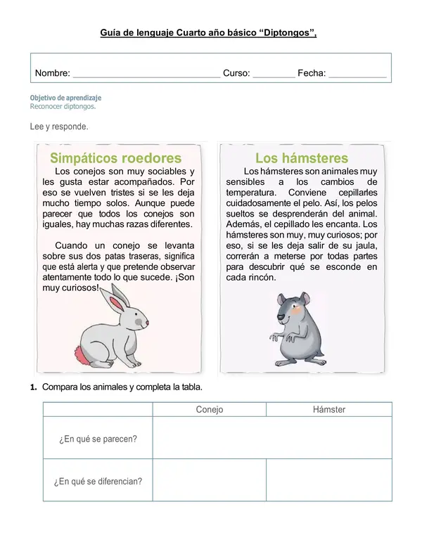 Guía de lenguaje 4°año "Diptongos"
