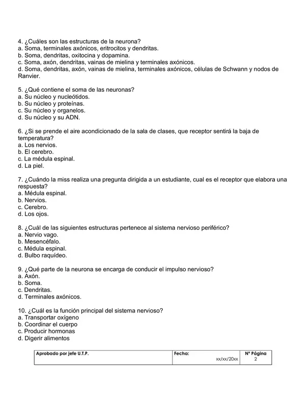 Evaluación Biología 2°Medio Unidad 1 - Sistema nervioso 