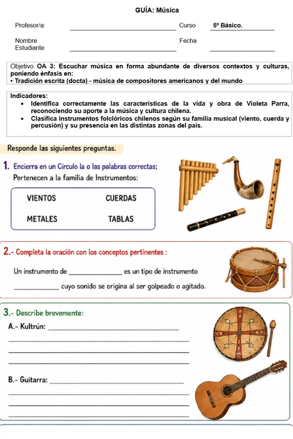 GUÌA DE MÙSICA  Violeta Parra e instrumentos musicales de las zonas de Chile