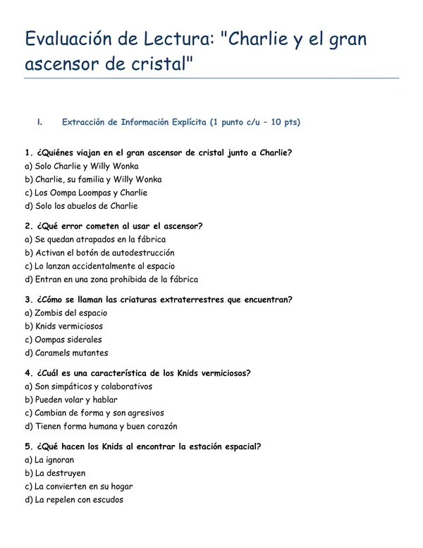 Control de lectura de "Charlie y el gran ascensor de cristal"