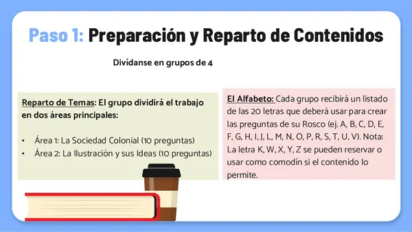 Repaso sociedad colonial e ilustración 8° básico con Rosco de pasapalabra