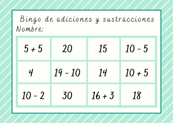 Bingo matemático - Adiciones y sustracciones