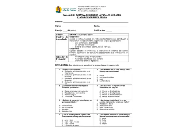 prueba Nutrición y salud 8vo básico