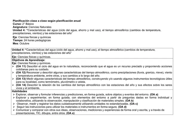 Planificación Clase a Clase: Octubre | Ciencias Naturales Segundo Básico