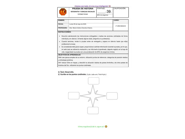 Prueba de Historia 2° básico, Planos y P. cardinales.