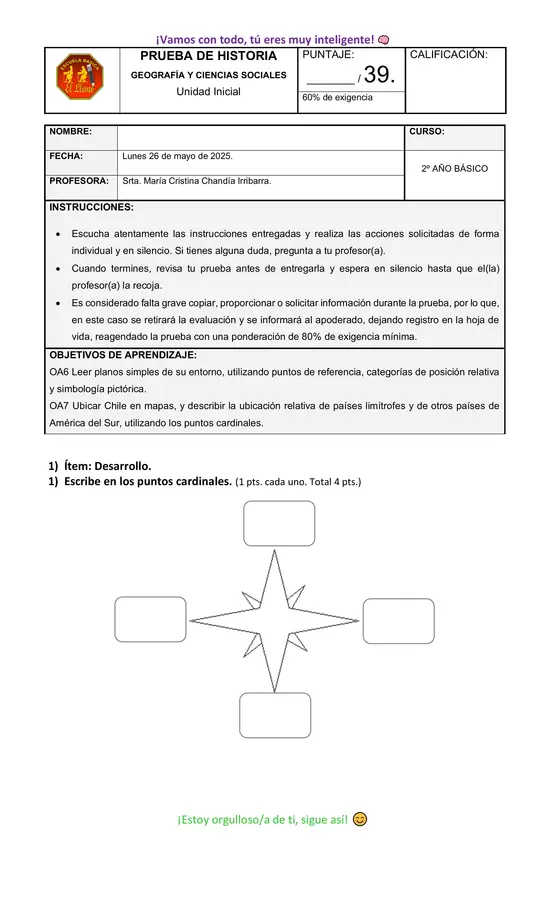 Prueba de Historia 2° básico, Planos y P. cardinales.