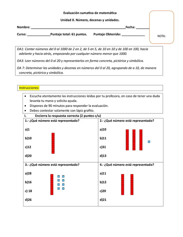 Evaluación sumativa de matemáticas segundo básico