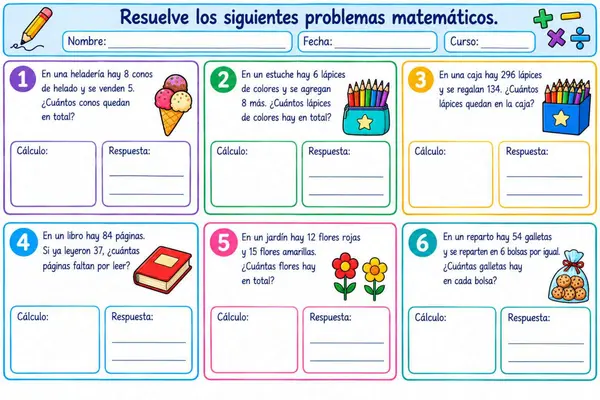 Problemas matemáticos no combinados (división, multiplicación, adición y sustracción)