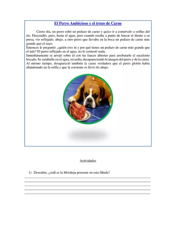 Ficha de lectura- El perro ambicioso y el trozo de carne 4°básico