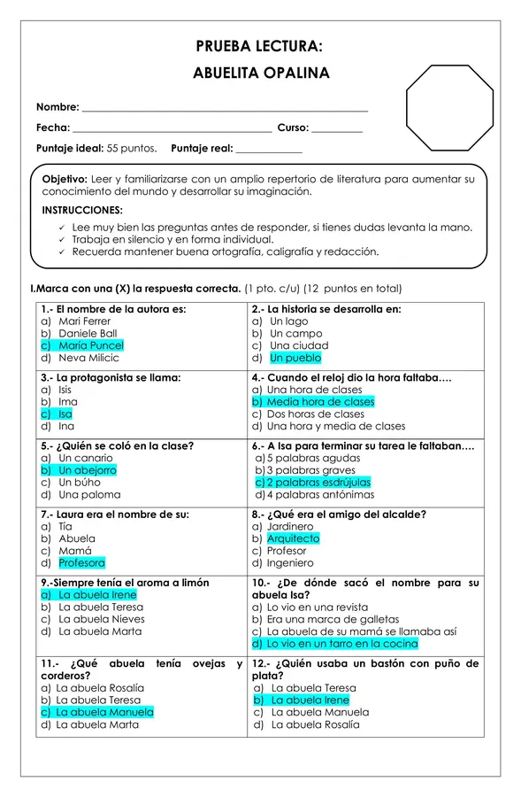Prueba Lectura - Abuelita Opalina