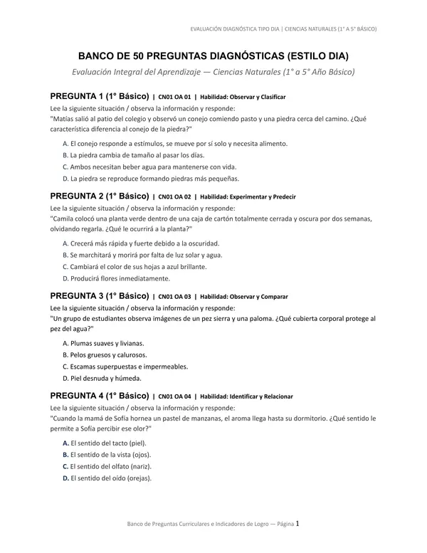 Banco de preguntas ciencias naturales estilo DIA 1° a 5° básico