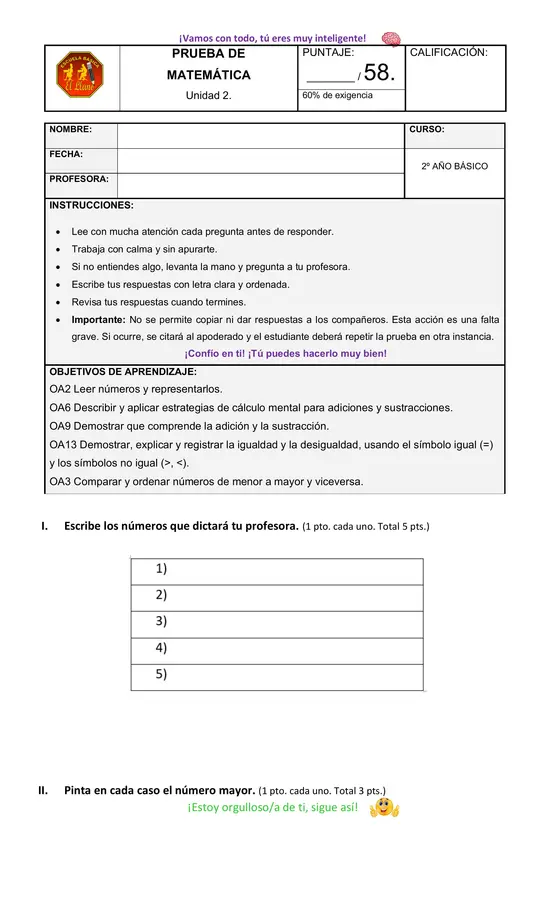 Prueba de matemática segundo básico Unidad 2