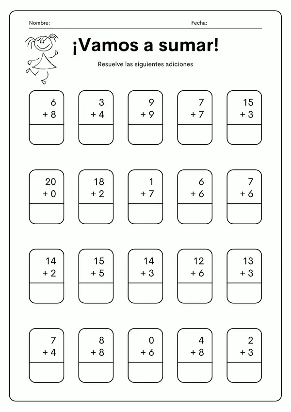 Guía de Sumas 0 al 20 matemática Primer año  Básico