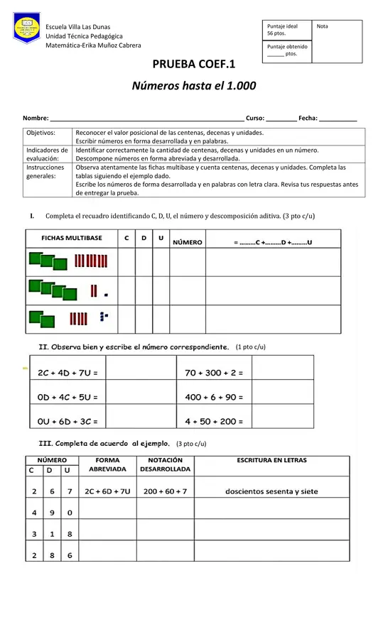 prueba de matematicas numeros hasta el 1000