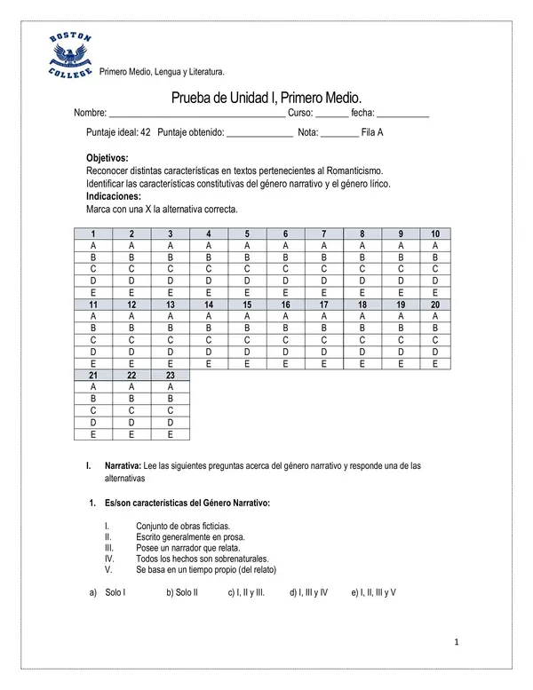 prueba Unidad I, Primero medio, Lengua y literatura. 