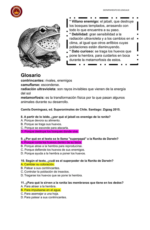 Guía de comprensión de lectura 4°