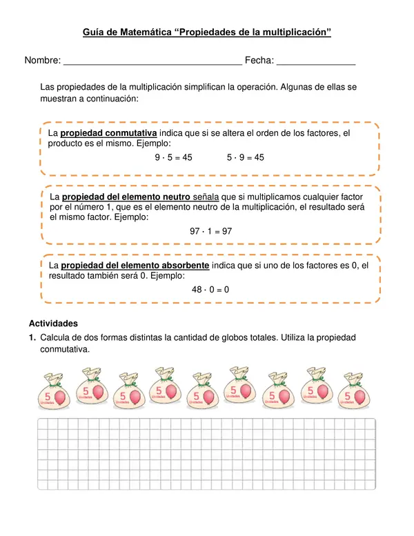 Guía "Propiedades de la multiplicación". tercer año