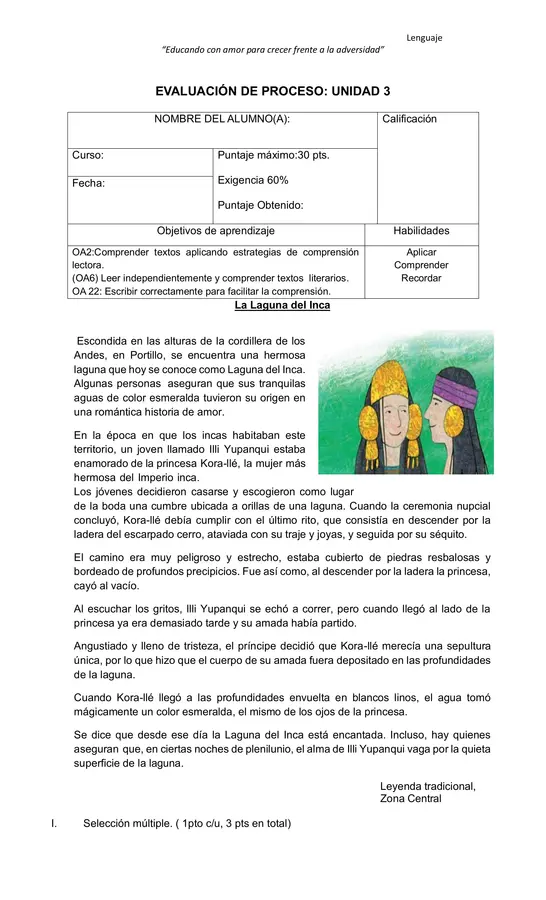EVALUACIÓN LA LEYENDA 3° BASICO
