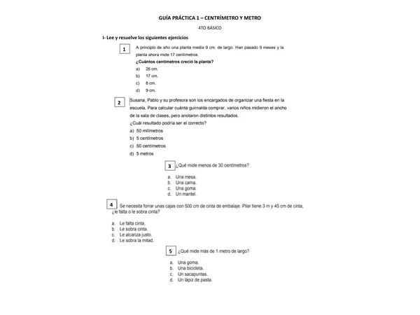 SIMCE - ejercicios medidas de longitud: centímetro y metro