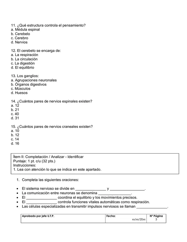 Evaluación Biología 2°Medio Unidad 1 - Sistema nervioso 