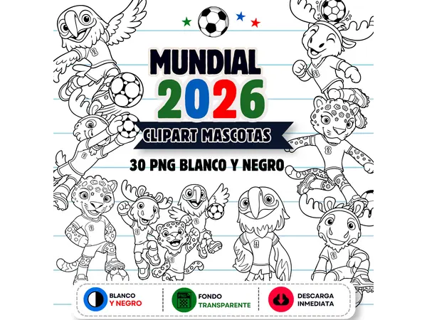 Clipart Mascotas Oficiales Mundial 2026 PNG Blanco y Negro