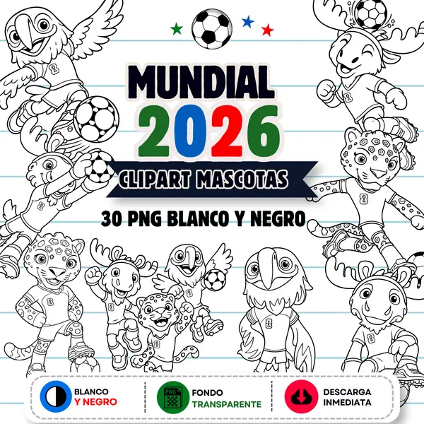 Clipart Mascotas Oficiales Mundial 2026 PNG Blanco y Negro