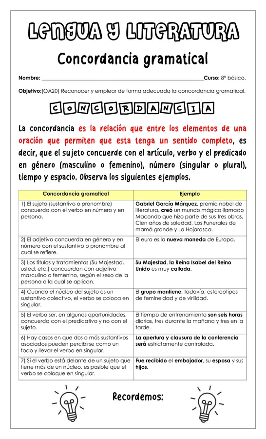 Guía de trabajo - Concordancia gramatical - 8° 