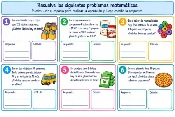 Problemas matemáticos no combinados (división, multiplicación, adición y sustracción)