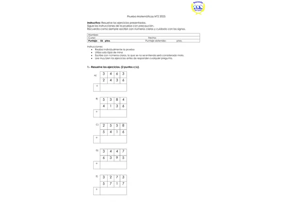 Evaluación de Matemáticas 4to básico