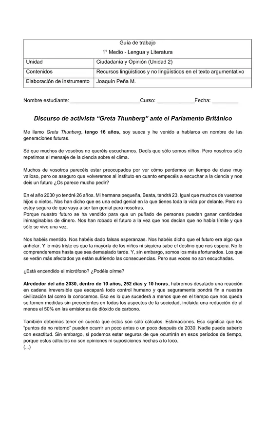 Fragmento discurso "Greta Thunberg" para identificar recursos lingüísticos y no lingüísticos