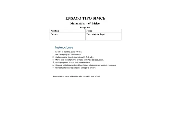 Ensayo SIMCE N°2 de Matemática para 6° Básico 