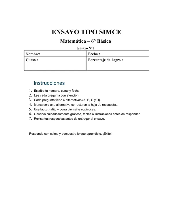 Ensayo SIMCE N°2 de Matemática para 6° Básico 
