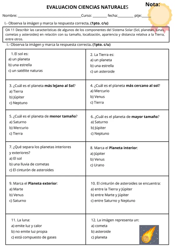 Evaluación de Ciencias Naturales: Sistema Solar - Planetas, Satélites y más
